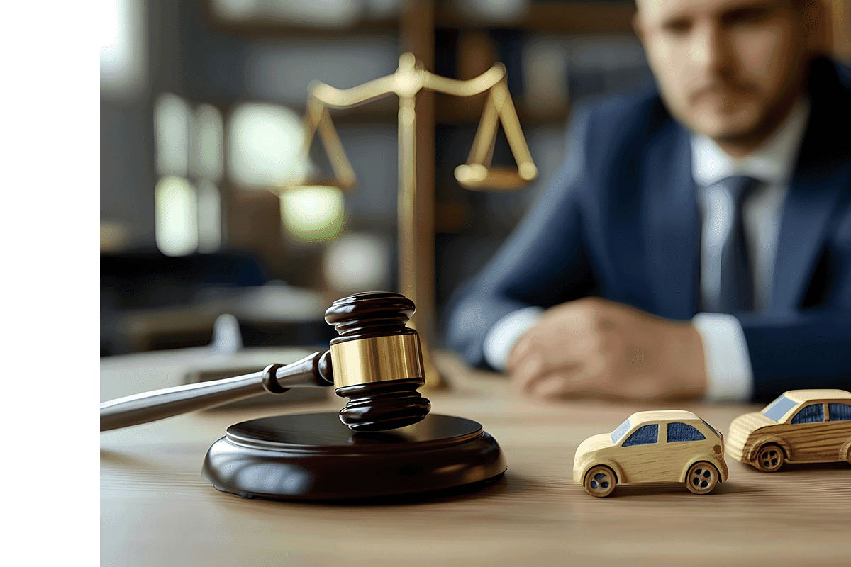 Injury Lawyer sitting behind his gavel and small toy cars