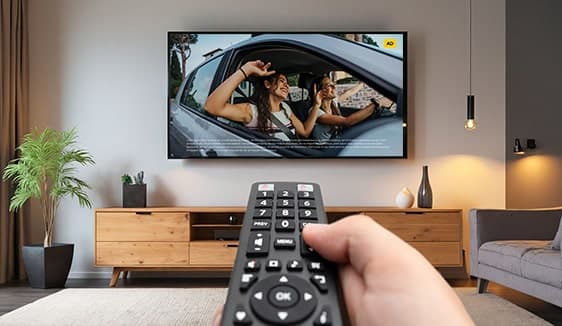 Hand holding a remote control while a connected TV automotive ad plays, showing two people in a car.