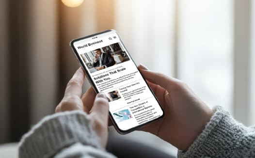 Person holding a smartphone displaying a business-news article, representing B2B buyers researching solutions and industry information.