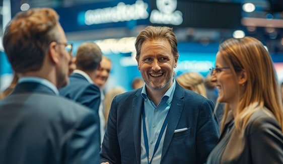 Attendees talking at an event, representing event-based mobile targeting within multi-location marketing strategies.