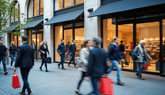 Shoppers walking past a retail storefront, illustrating how addressable advertising drives foot traffic.
