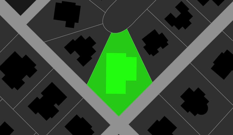 Neighborhood map with a highlighted home representing addressable geofencing for ZIP-level targeting.