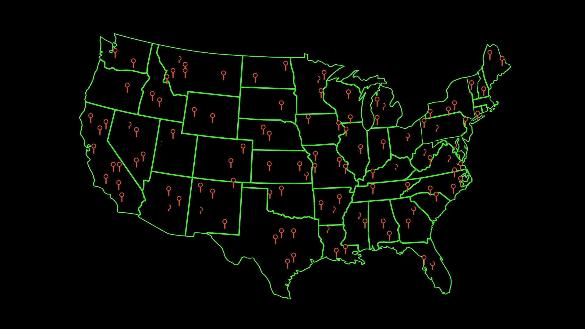 A US map with pins on US cities, animated