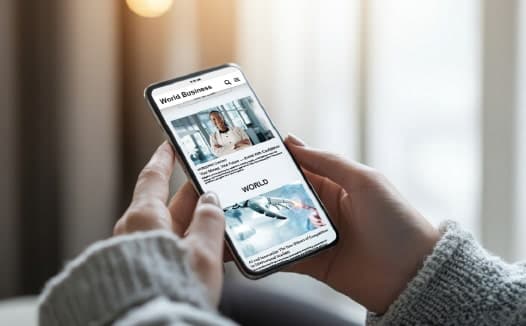 Person reading business news on their phone, where native ads for professional services appear in context.