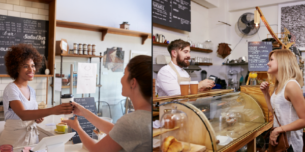 Barista serving a customer in a busy café, representing multi-location marketing that reaches key local audiences.